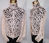 Victorian Antique  Cream Battenburg Tape Lace High Neck Collar Blouse Top