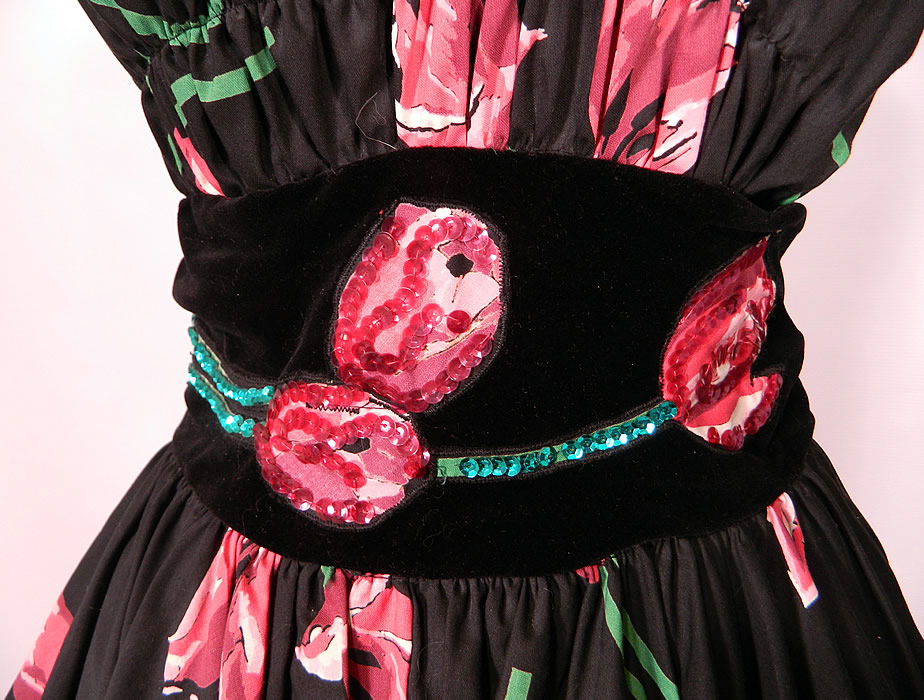 Vintage Black Pink Tulip Cotton Print Sequin Circle Skirt Dress & Stole Shawl. This fabulous floral dress has gathers tucks pleated sweetheart neckline, stays boning sewn inside, spaghetti straps, a cummerbund style sash waist, with a full circle skirt, black crinoline tulle net lining sewn underneath for fullness and a side zipper closure.