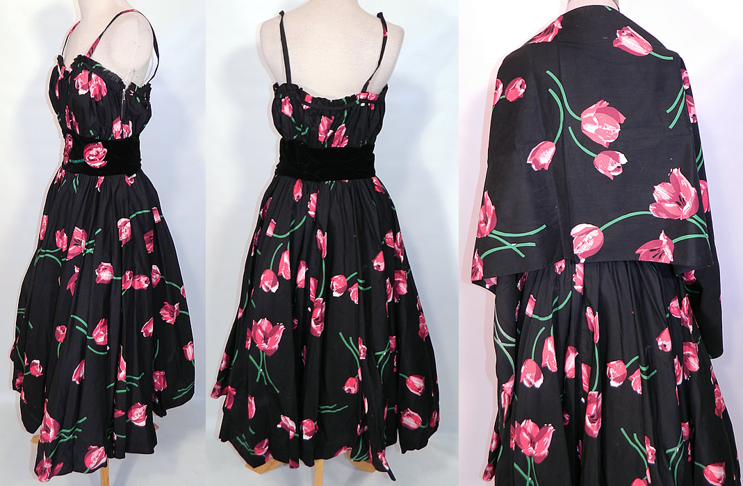 Vintage Black Pink Tulip Cotton Print Sequin  Circle Skirt  Dress & Stole Shawl. The dress measures 47 inches long, with a 24 inch waist and 34 inch bust. There is a matching fabric stole shawl wrap which measures 70 inches long and 18 inches wide.