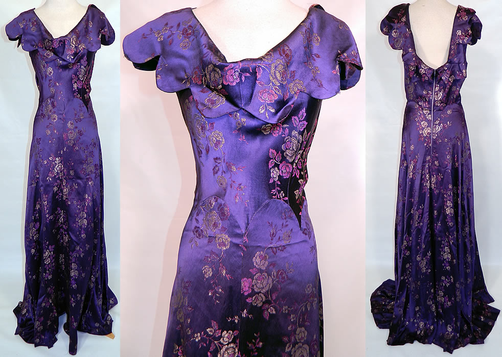 Nan Merriman Opera Singer Vintage Purple Silk Brocade Lamé Roses Evening Gown. This vintage purple silk brocade lamé roses evening gown dress comes from the estate of opera singer Nan Merriman and dates from the 1940s. It is made of a luxurious lavish dark purple silk satin brocade fabric, with a silver metallic thread lamé floral rose pattern design.