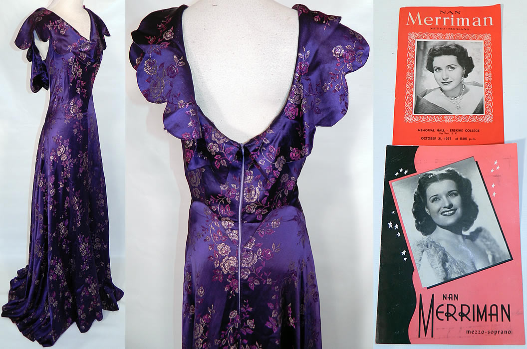 Nan Merriman Opera Singer Vintage Purple Silk Brocade Lamé Roses Evening Gown. This gorgeous gown has a long floor length slight back train skirt, scalloped collar neckline, sleeveless, backless and back zipper closure. The dress measures 64 inches long, with 42 inch hips, a 30 inch waist and 40 inch bust. (see provenance with play bill info below which is not included with gown).