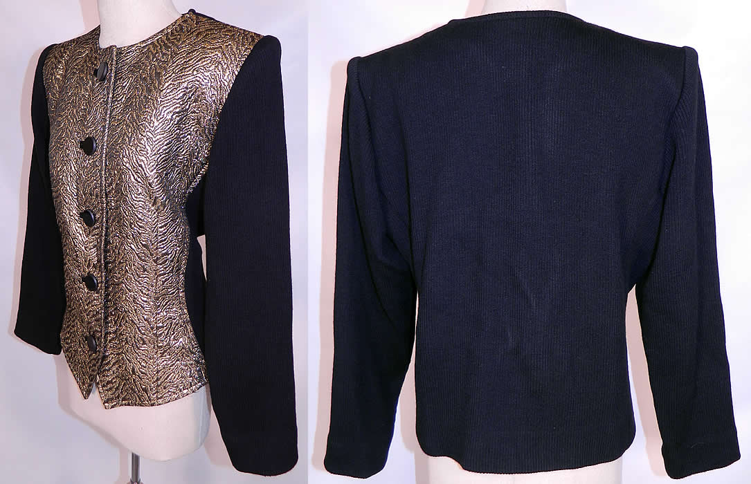 Vintage Saint Laurent Rive Gauche Gold Lam&eacute; Black Knit Suit Jacket.  The jacket measures 22 inches long, with  a 36 inch waist, 40 inch bust and 23 inch long sleeves. 