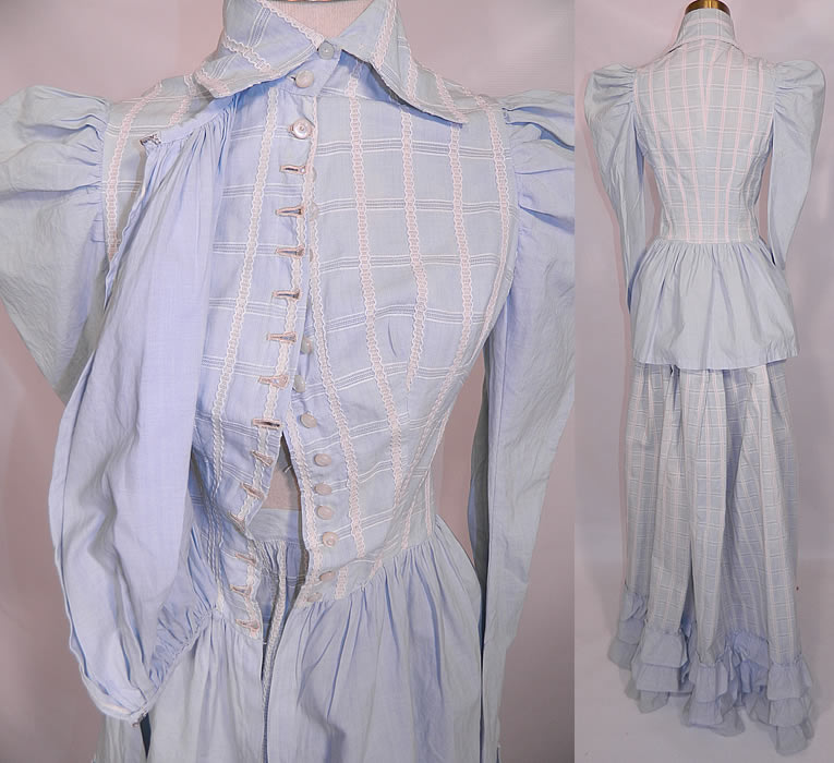 Victorian Blue & White Windowpane Cotton Peplum Blouse Bustle Skirt Dress. This beautiful baby blue two piece summer dress has a long fitted bodice blouse, with peplum skirted bottom, fold over collar, pouter pigeon front dickey panel with hidden pearl button closures underneath and long mutton sleeves with gathered puffed shoulders, tapered cuffs.