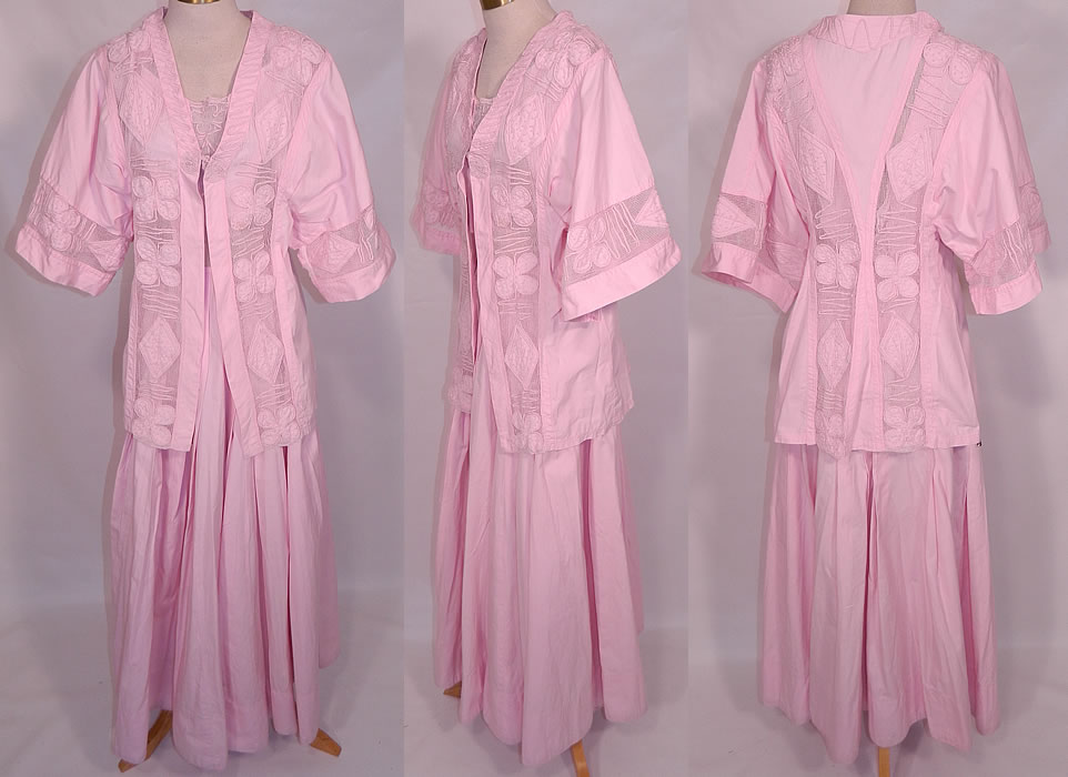 Edwardian Pink Cotton French Knot Soutache Walking Suit Jacket Top Skirt. This exquisite antique Edwardian era pink cotton french knot soutache walking suit jacket, top and skirt dates from 1915. It is made of a pastel pink cotton fabric, with french knot embroidery work, soutache work and net applique trim inserts done in a geometric diamond design and abstract butterfly four leaf clover pattern.