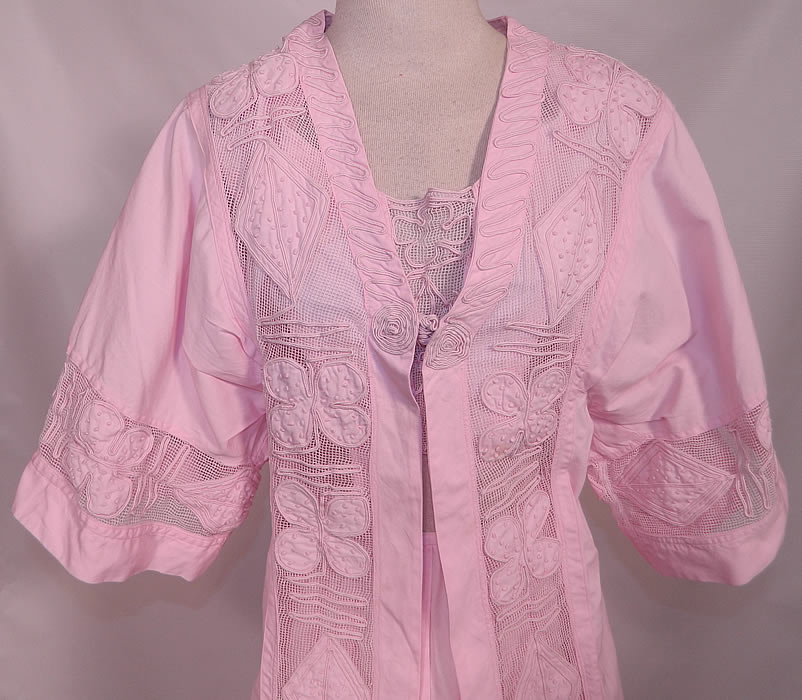 Edwardian Pink Cotton French Knot Soutache Walking Suit Jacket Top Skirt. This stunning summer three piece walking suit includes a short cropped camisole top tunic sleeveless vest overlay with wide open arm holes. The top measures 14 inches long, with a 32 inch bust.