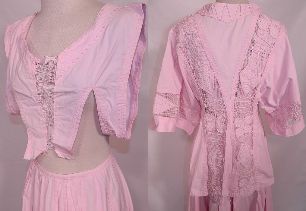 Edwardian Pink Cotton  French Knot Soutache Walking Suit Jacket Top Skirt.  It is in good condition, with only some fraying along the bottom top. This is truly an extraordinary piece of wearable antique  textile art!  