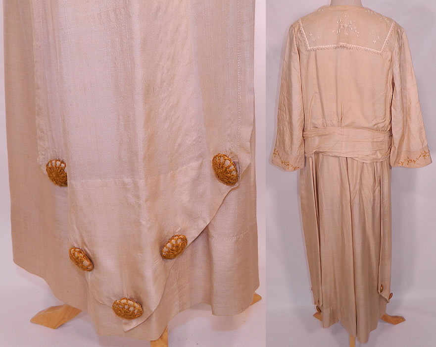 Edwardian Embroidered Raw Silk Lace Mother of Pearl Inlaid Buckle Dress. The dress measures 52 inches long, with 36 inch hips, a 32 inch waist, 38 inch bust and 19 inch long sleeves. It is in good condition, with only a few small faint age spot stains on the top. This is truly a wonderful piece of wearable antique textile art! 