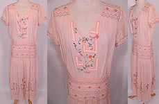 Vintage Peach Cotton Drop Waist Floral Embroidered Smocking Boho Peasant Dress