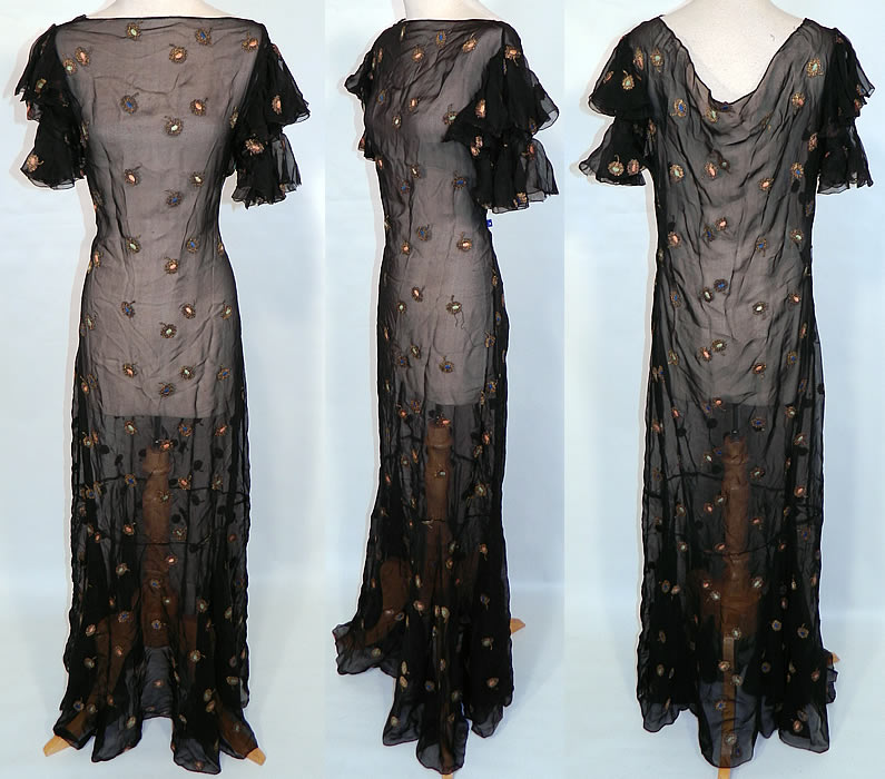 Vintage Gold Lamé Embroidered Black Silk Chiffon Bias Cut Evening Gown Dress. This vintage gold lamé embroidered black silk chiffon bias cut evening gown dress dates from the 1930s. It is made of a black sheer silk chiffon fabric, with gold metallic lamé thread woven into a floral design with colorful silk embroidered polka dot centers.