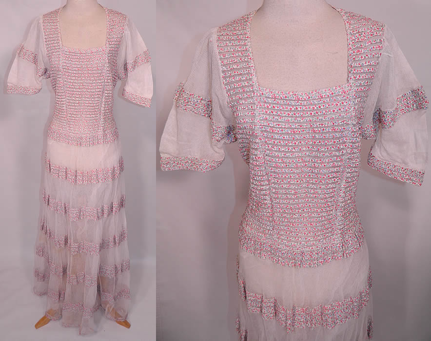 Vintage Pleated White Net Ribbon Floral Print Striped Trim Dress. This vintage pretty pleated white net ribbon floral print striped trim dress dates from the 1940s. It is made of a white sheer cotton net fabric, with a unique pleated striped design of colorful floral print cotton ribbon trim.