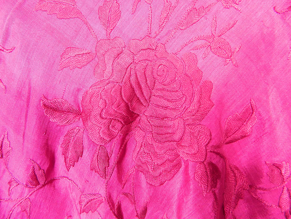 Vintage Fuchsia Purple Silk Floral Embroidered Fringe Boho Piano Shawl. The shawls fabric square measures 64 by 64 inches. This beautiful bohemian Art Deco flapper shawl is in excellent condition and is a wonderful piece of wearable textile art!  