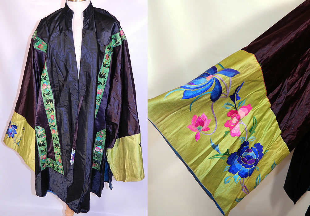 Antique Chinese Silk Embroidered Peony Lotus Flower Sleeve Band Cuff Robe Coat. This antique Chinese silk embroidered peony lotus flower sleeve band cuff robe coat dates from 1910 during the end of the Qing Dynasty. It is hand stitched, made of a black silk fabric, with green silk damask brocade ribbon trim edging and chartreuse green silk wide sleeve band cuffs, with bright colorful raised padded satin stitch embroidered butterflies, peony and lotus flowers.