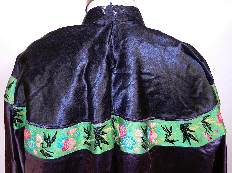 Antique Chinese  Silk Embroidered Peony Lotus Flower Sleeve Band Cuff Robe Coat. It is in good condition, with the bottom hem inside lining frayed and a small fray on the back collar (see close-up). This is truly a  wonderful piece of antique Chinese textile art!  