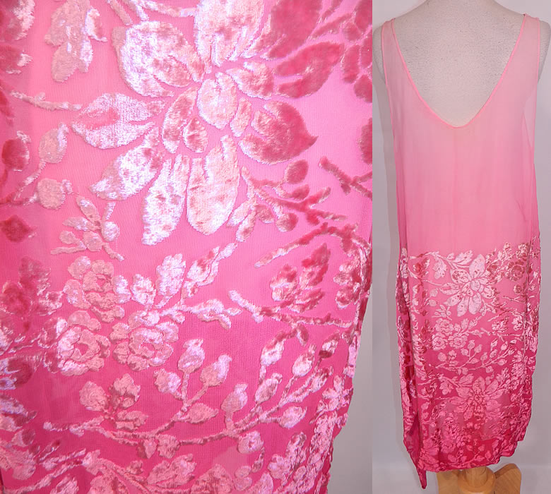Vintage Pink Silk Ombre Burnout Voided Velvet Drop Waist Flapper Chemise Slip Dress. This stunning slip style loose fitting drop waist chemise dress has a straight shift style, sleeveless, with a flared side panel skirt drape and is sheer, unlined. The dress measures 42 inches long, with 36 inch hips, a 34 inch waist and 34 inch bust. It is in good condition. This is a wonderful piece of Art Deco wearable textile art! 