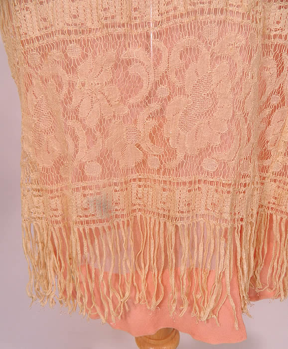 Vintage Cream Fringe Filet Lace Pink Silk Rosette Chemise Slip Flapper Dress. It is in good condition, with only a small grease smudge mark the bottom skirt (see close-up). This is truly a wonderful piece of wearable lace art!  