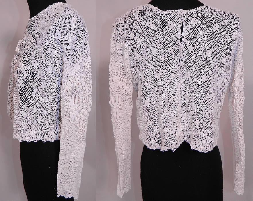 Edwardian Antique White Irish Crochet Tape Lace Shirt Bodice Blouse. This lovely lace beautiful bodice blouse shirt top has long tapered sleeves, snap closures down the back and is sheer, unlined.