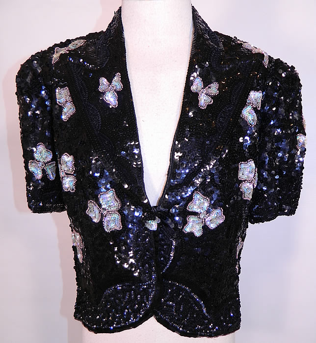 Vintage Black Net Sequin Beaded Iridescent Gold Flowers Evening Jacket. This vintage black net sequin beaded iridescent gold flowers evening jacket dates from the 1940s.