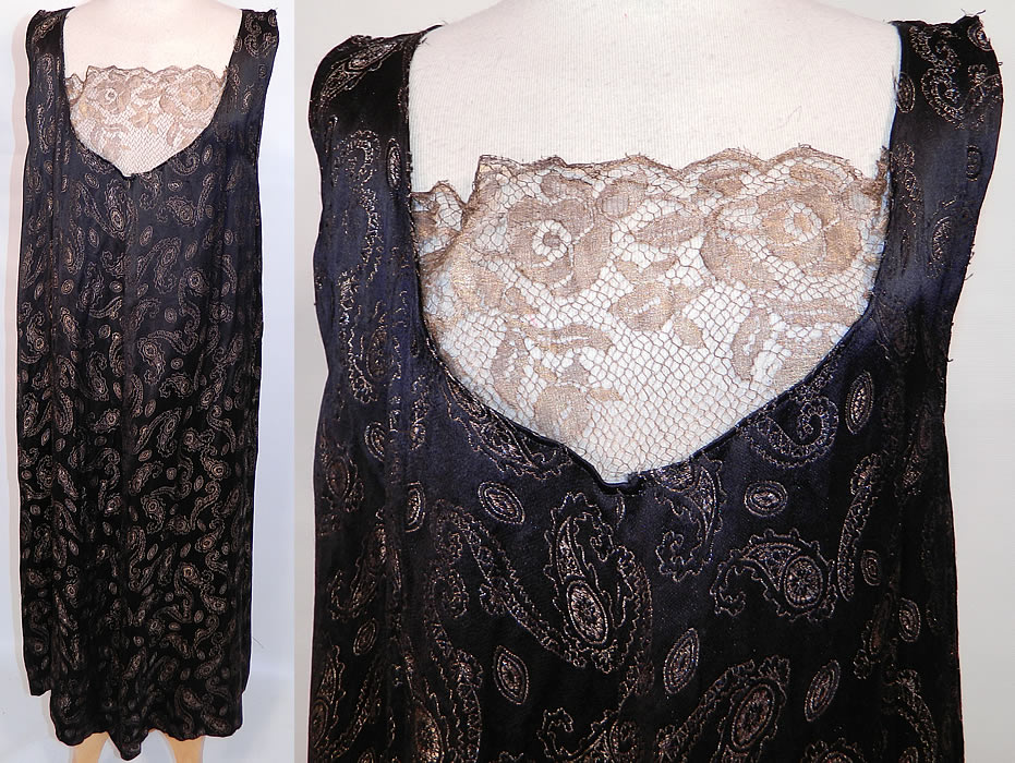 Vintage Art Deco Black Silk Gold Lamé Lace Paisley Boteh Dress Large Size. This vintage Art Deco black silk gold lamé lace paisley boteh dress dates from the 1920s. It is made of a black silk lamé fabric, with gold metallic threads woven through it creating a paisley boteh teardrop droplet design. There is a sheer gold metallic net lace floral rose pattern front neckline trim insert panel.