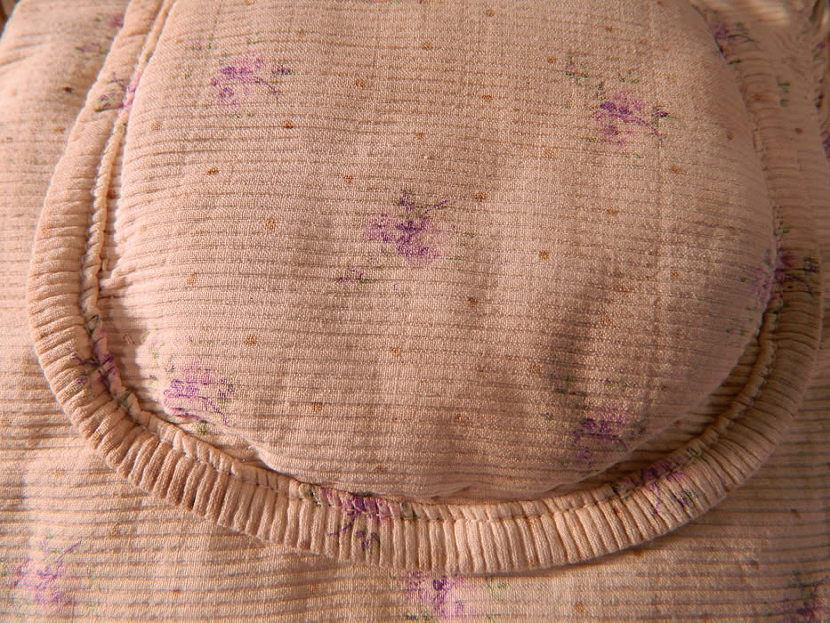 Victorian White Cotton Pique Purple Violet Polka Print Crinolette Bustle Pad Support.  The bustle pad measures 9 by 8 inches. 