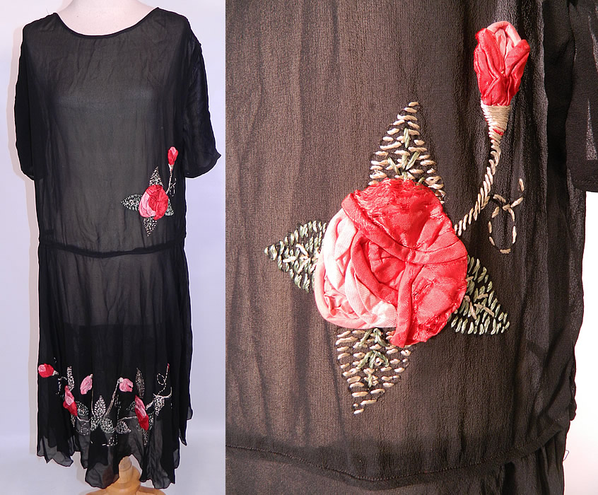 Vintage Black Silk Chiffon Red Roses Ribbon Rosette Trim Drop Waist Dress. This vintage black silk chiffon red roses ribbon rosette trim drop waist flapper dress dates from the 1920s. It is made of a sheer black silk chiffon fabric, with red and pink silk ribbon work rosette roses and green stitching embroidery work for the leaf trim design.