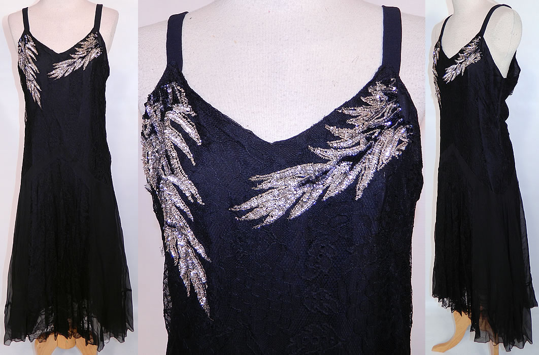 Vintage Black Chiffon Chantilly Lace Silver Sequin Beaded Bias Cut Dress. This vintage black chiffon chantilly lace silver sequin beaded bias cut dress dates from the 1930s. It is made of a sheer black silk chiffon fabric, mixed with black chantilly lace and tiny silver sequin beaded trim done in a leaf design. This sexy evening gown dance dress has a bias cut, asymmetrical uneven handkerchief hemline skirt, plunging V necklines, shoulder straps, fully lined and side snaps closure.