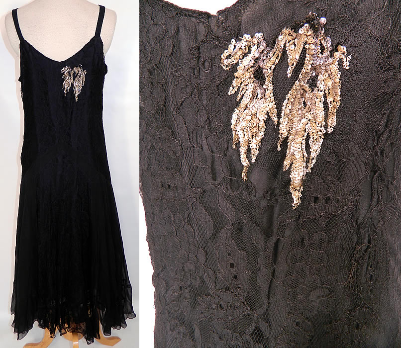 Vintage Black Chiffon Chantilly Lace Silver Sequin Beaded Bias Cut Dress. The dress measures 47 inches long, with 36 inch hips, a 34 inch waist and 34 inch bust. It is in as-is condition, with several small frayed holes breaks in the lace (see close-up). This is truly a wonderful piece of wearable art!