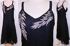 Vintage Black Chiffon Chantilly Lace Silver Sequin Beaded Bias Cut  Dress