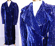 Vintage Royal Blue Silk Velvet Quilted Long Floor Length Evening Opera Coat.