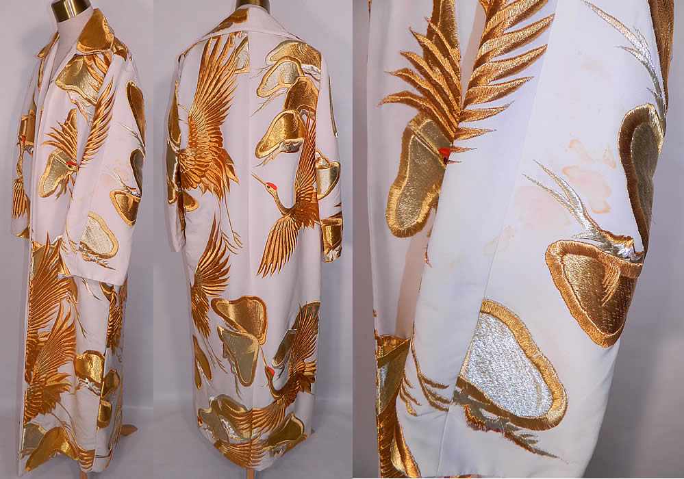 Vintage Profils Japanese Uchikake Wedding Kimono Gold Crane Embroidered Coat. The coat measures 52 inches long, with 46 inch hips, a 44 inch waist, 44 inch bust, 16 inch back and 21 inch long sleeves. It is quite heavy weighing over 4 pounds and is in good condition, with only some faint stains on one sleeve (see close-up). This is a truly a wonderful piece of wearable Japanese textile art!