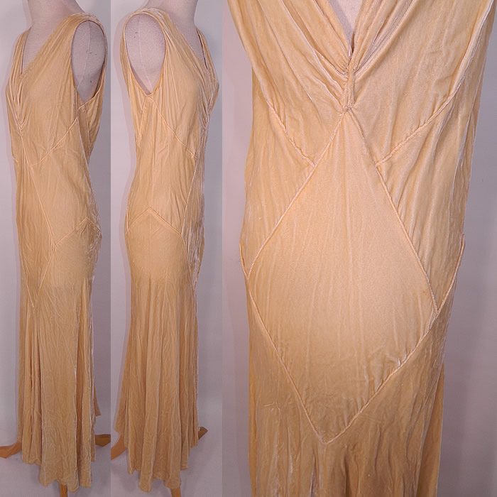 Vintage Art Deco Cream Silk Velvet Sexy Bias Cut Evening Gown Dress . The dress measures 55 inches long, with 42 inch hips, a 36 inch waist and 38 inch bust. It is in good condition This is truly a wonderful piece of wearable art!