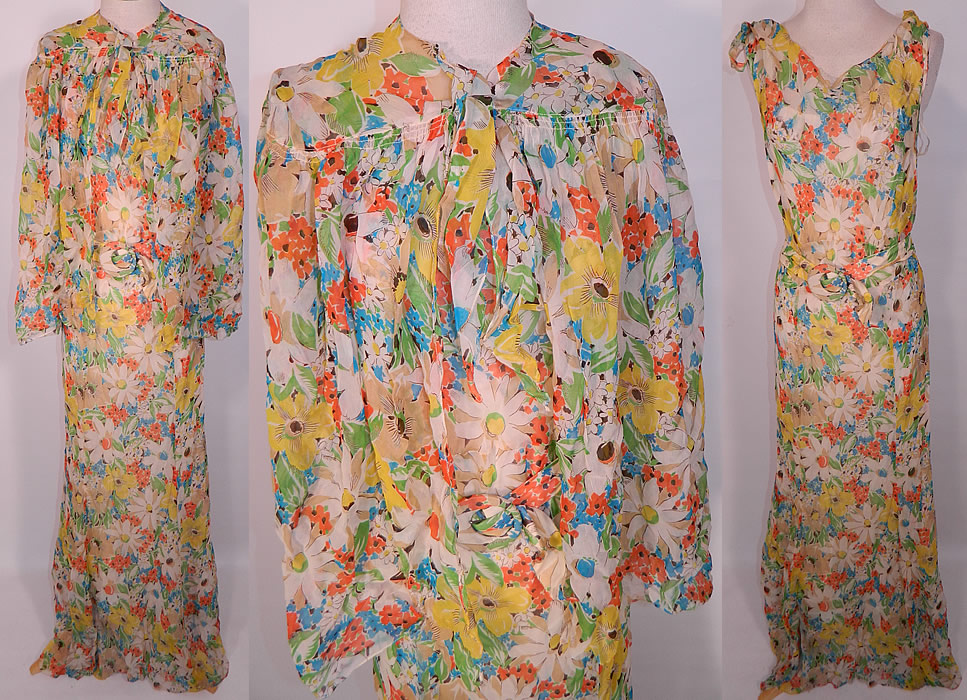 Vintage Daisy Flower Print Silk Chiffon Belted Bias Cut Dress Slip Cloak Cape. This vintage daisy flower print silk chiffon belted bias cut dress, slip and cloak cape dates from the 1930s. It is made of a sheer silk chiffon fabric, with a bright colorful daisy flower print. This beautiful bias cut summer dress is a long floor length, with knotted shoulder straps, backless, with a matching fabric belt buckle, side snap closures, a union label tag and a white slip dress attached underneath at the shoulder straps.