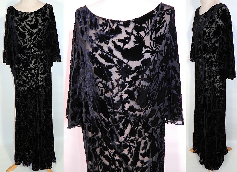 Art Deco Vintage Black Silk Burnout Voided Velvet Bias Cut Cape Dress. This vintage Art Deco black silk burnout voided velvet bias cut cape dress dates from the 1930s. It is made of a unique textured sheer black silk chiffon and burnout voided cut velvet fabric, with a silhouette floral leaf design pattern.