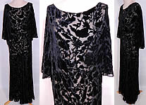Art Deco Vintage Black Silk Burnout Voided Velvet Bias Cut Cape Dress