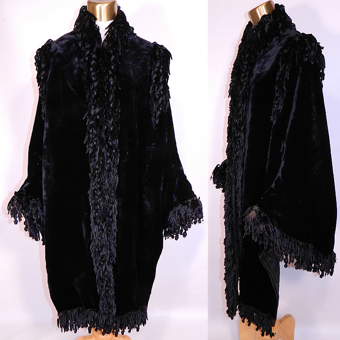 Victorian Black Velvet Chenille Beaded Fringe Winter Dolman Mantle Cape. This antique Victorian era black velvet chenille beaded fringe winter dolman mantle cape dates from 1880. It is made of a black plush velvet fabric, with black silk covered beaded balls and chenille fringe trim edging.