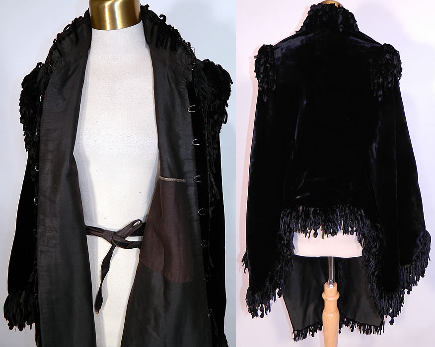 Victorian Black Velvet Chenille Beaded Fringe Winter Dolman Mantle Cape. The cape measures 46 inches long in the front, 26 inches long in the back, with a 46 inch bust and 18 inches across the shoulders. 