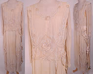 Edwardian Cream Silk White Beaded Rosette Belted Wedding Gown Dress