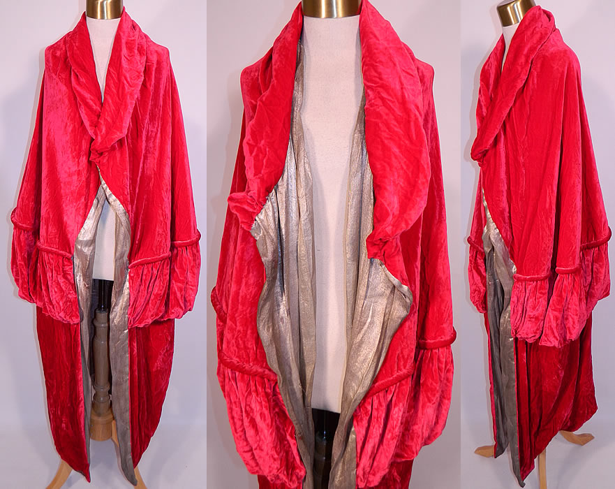 Vintage Art Deco Red Velvet Silver Lam&eacute; Reversible Flapper Opera Cloak Cape. This amazing antique Art Deco red velvet silver lam&eacute; reversible flapper opera cloak cape dates from the 1920s. It is made of red silk velvet fabric, with a silver metallic lam&eacute; fabric lining. This is truly a rare and wonderful piece of Art Deco wearable art! 