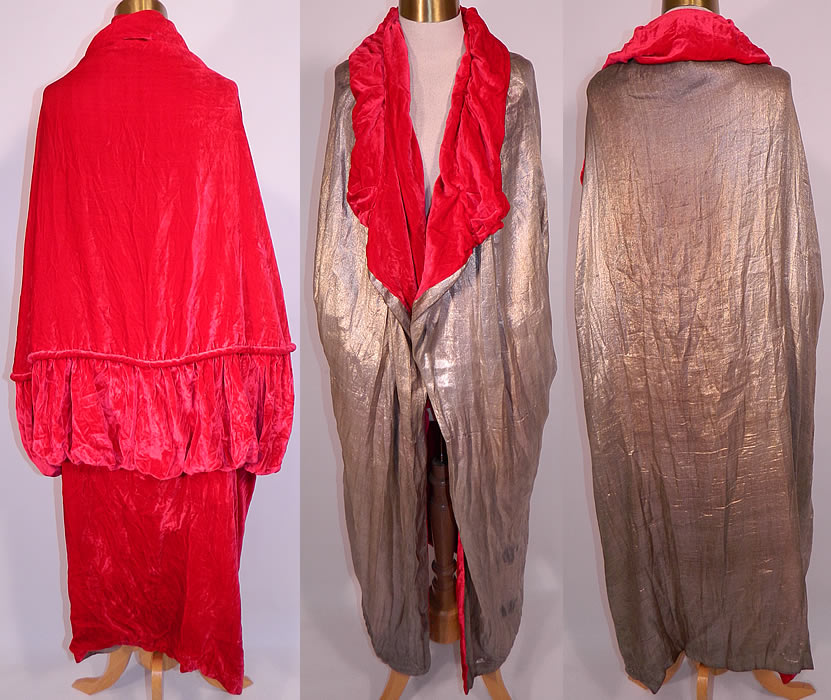 Vintage Art Deco Red Velvet Silver Lam&eacute; Reversible Flapper Opera Cloak Cape. This fabulous flapper opera cloak cape is reversible, loose fitting with a cocoon wrap style, quilted rolled shawl collar and mid section flounce drape and an open front with no closure. The cape measures 44 inches long, with a 63 inch mid circumference. It is in good condition, with only some tarnish discoloration spots on the silver lam&eacute; fabric (see close-up).