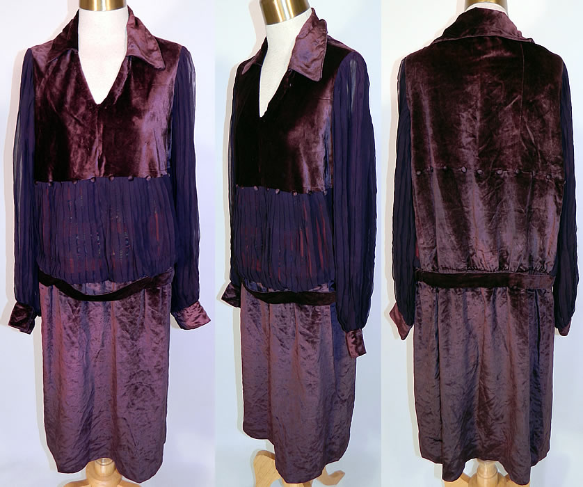 Vintage Aubergine Silk Velvet Embroidered Applique Trim Drop Waist Dress. This vintage aubergine silk velvet embroidered applique trim drop waist dress dates from the 1920s. It is made of a dark brownish purple aubergine eggplant color silk velvet fabric, with sheer silk chiffon pleating on the front waist and sleeves.