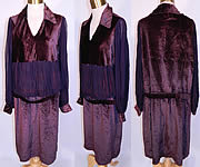 Vintage Aubergine Silk Velvet Embroidered Applique Trim Drop Waist Dress