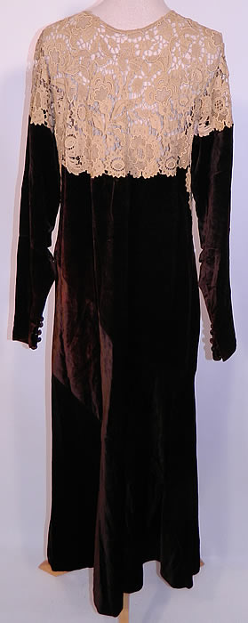 Vintage Brown Velvet Ecru Point de Venise Lace Trim Bias Cut Dress. This beautiful bias cut dress has long sleeves with fitted cuffs, velvet button trim and hook closures on the front and is unlined with a sheer top.