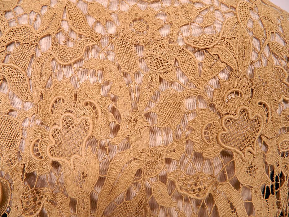 Vintage Brown Velvet Ecru Point de Venise Lace Trim Bias Cut Dress. The dress measures 49 inches long, with 38 inch hips, a 32 inch waist, 38 inch bust and 24 inch long sleeves. It is in good condition. This is truly a wonderful piece of wearable textile art!