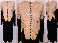 Vintage Brown Velvet Ecru Point de Venise Lace Trim Bias Cut Dress