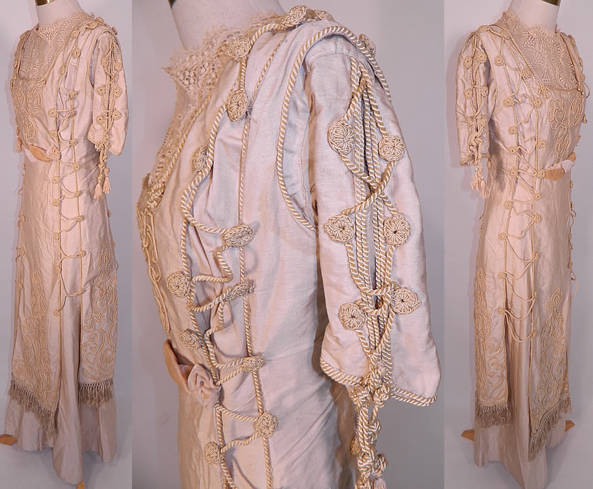 Edwardian Ecru Raw Silk Soutache Rope Lacing Corset Dress. The dress measures 52 inches long, with 36 inch hips, a 24 inch waist, 32 inch bust and 12 inch back. It is in good condition, with only some faint underarm stains. This is truly a unique and wonderful piece of wearable antique textile art!