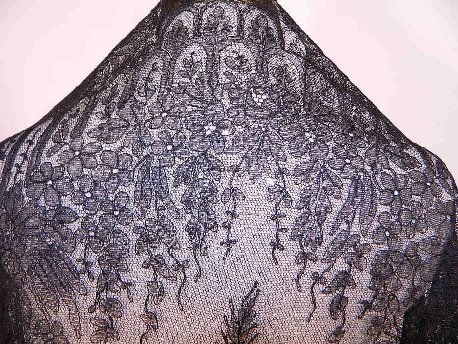 Victorian Civil War Antique Black Chantilly Lace Mantilla Shawl. This lovely lace has a lush floral design throughout. 