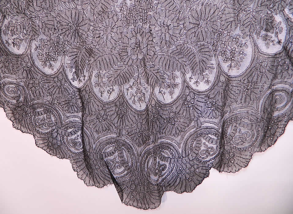 Victorian Civil War Antique Black Chantilly Lace Mantilla Shawl. It has been created into a large triangle shaped shawl style scarf wrap Spanish mantilla.