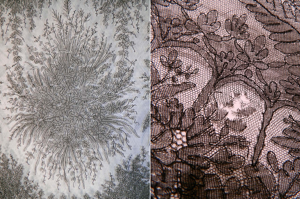 Victorian Civil War Antique Black Chantilly Lace Mantilla Shawl. The shawl measures 76 by 114 by 76 inches. It is in good condition, with only a small frayed hole  (see close-up on right). This is truly a wonderful piece of antique Victoriana lace art! 