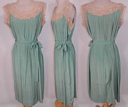 Vintage Aqua Pleated Silk Irish Crochet Lace Belted Chemise Shift Slip Dress