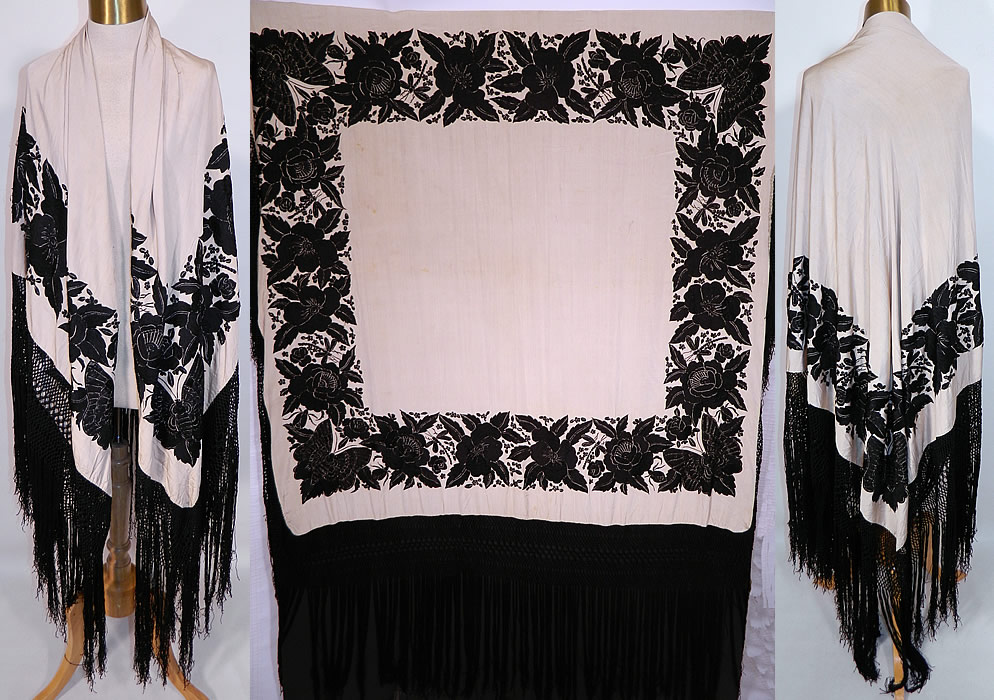 Antique Black & White Floral Butterfly Silk Embroidered Canton Piano Shawl. This antique black and white floral butterfly silk embroidered Canton piano shawl dates from the 1920s. It is made of an off white cream color silk fabric background, with contrasting black silk raised padded satin stitch hand embroidery work.