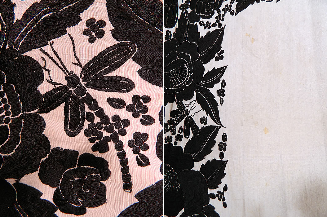 Antique Black & White Floral Butterfly Silk Embroidered Canton Piano Shawl. The shawls fabric square measures 54 by 54 inches. It is quite heavy weighing over 3 pounds. This quality made Manton Canton Chinese Cantonese style Spanish Flamenco shawl is in good condition, has not been cleaned, with only a few tiny faint age spot stains (see close-up). This is truly an exceptional piece of wearable textile art! 